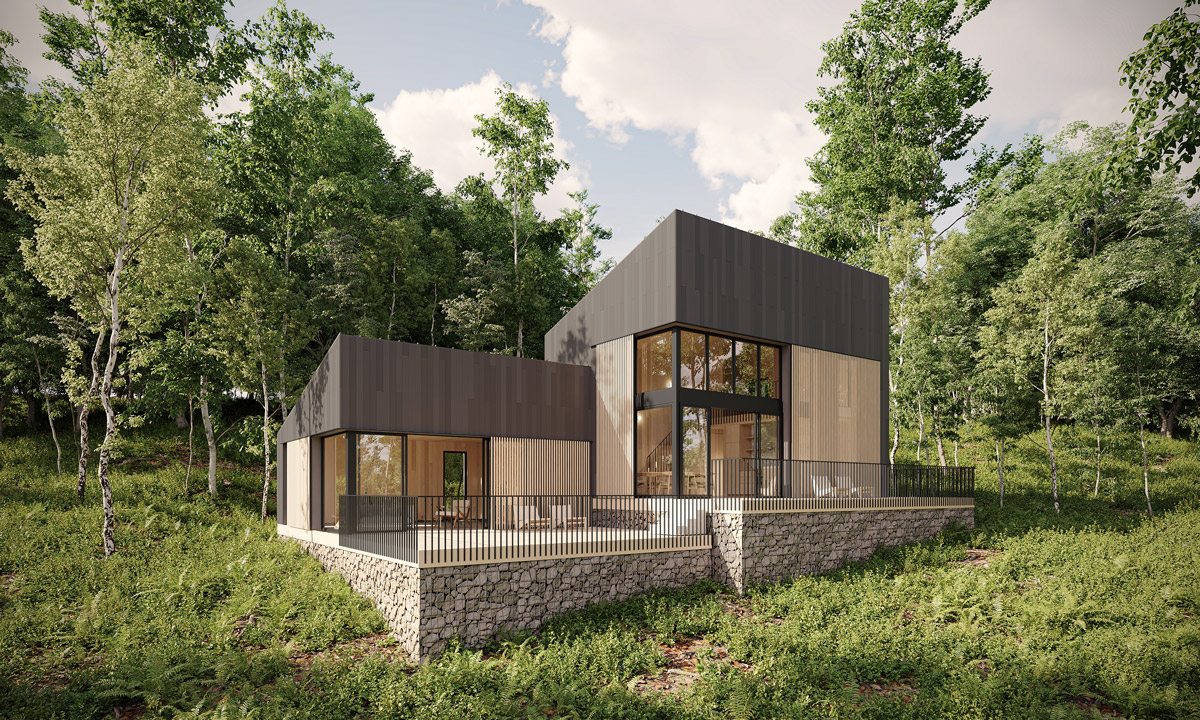 This rendering shows a warm, modern cabin in the woods.