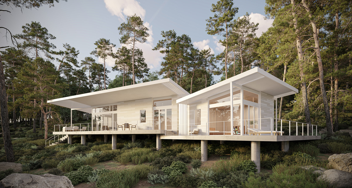 This rendering shows a two unit cabin elevated above the ground on columns.